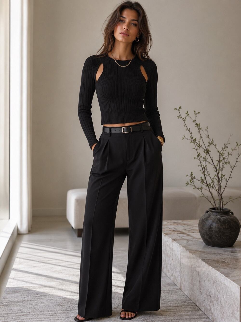 LVIR Black Ribbed Cutout Shoulder Knit Top Modern Minimalist Cropped Sweater S